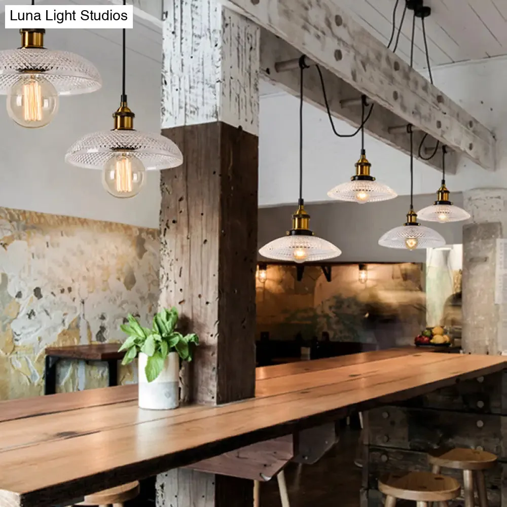 1-Light Grid Glass Ceiling Light with Brass Bowl Shade – Perfect for Industrial Kitchen Décor