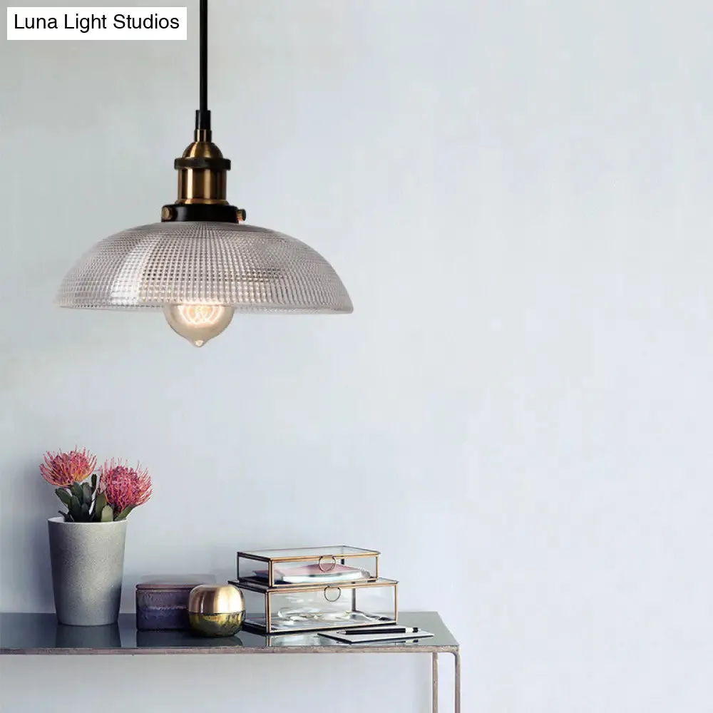 1-Light Grid Glass Ceiling Light with Brass Bowl Shade – Perfect for Industrial Kitchen Décor