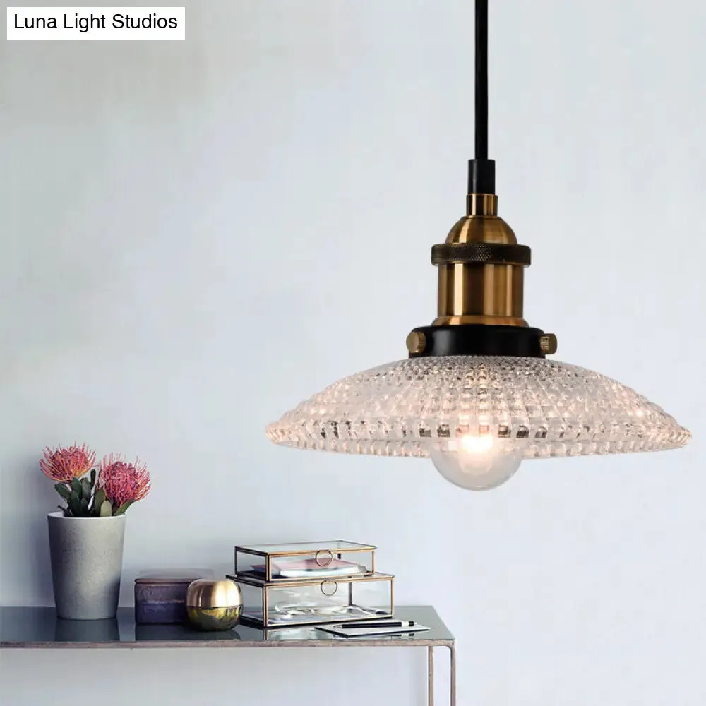 1-Light Grid Glass Ceiling Light with Brass Bowl Shade – Perfect for Industrial Kitchen Décor