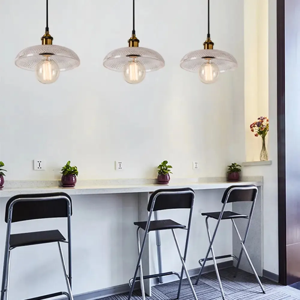 1-Light Grid Glass Ceiling Light with Brass Bowl Shade – Perfect for Industrial Kitchen Décor