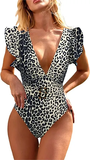 Avanova Women's One Piece Swimsuit Ruffle Deep V Neck Strappy Swimwear Bathing Suits