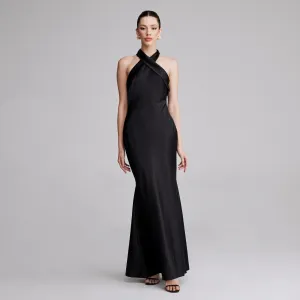 Black Criss Cross Halter Satin Maxi Dress