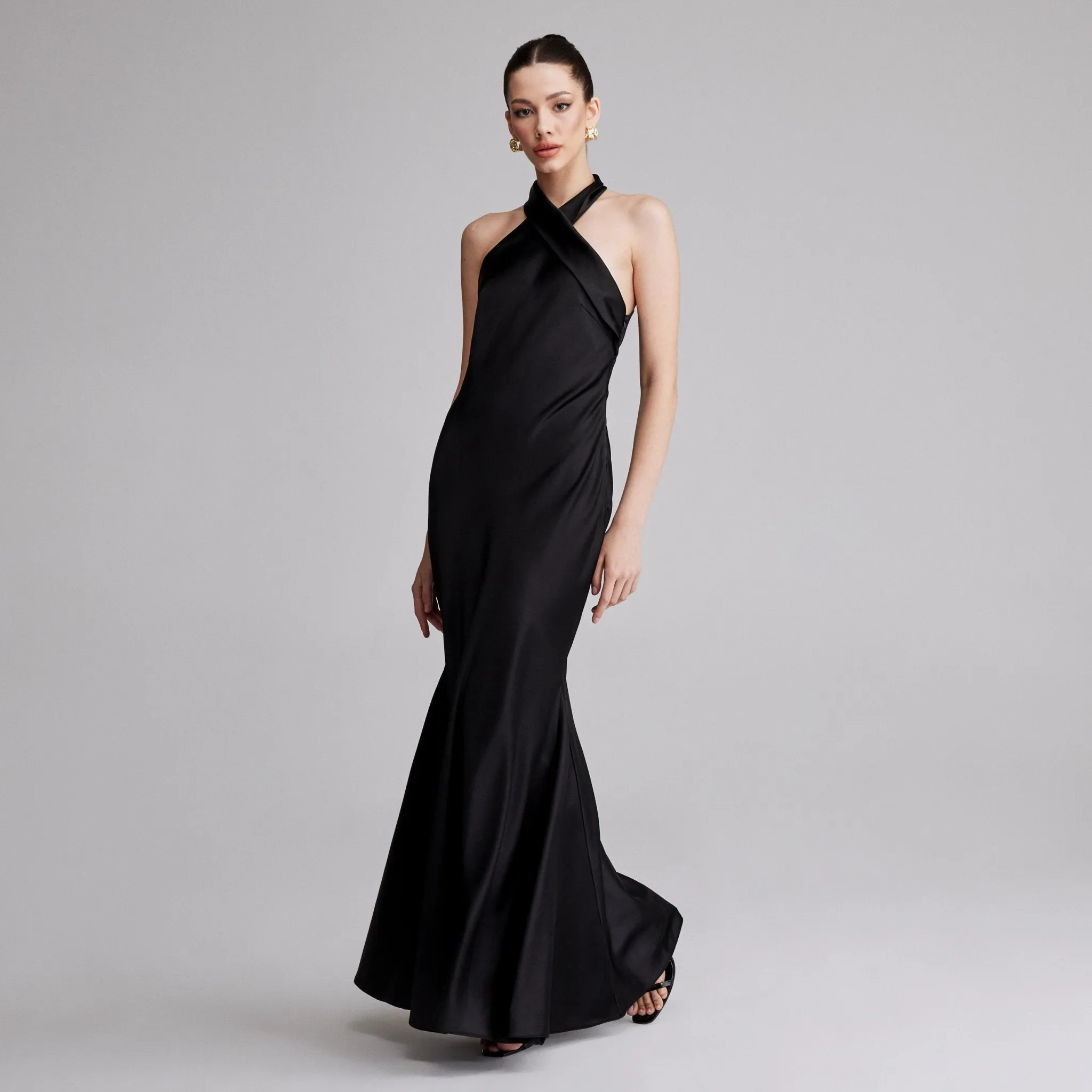 Black Criss Cross Halter Satin Maxi Dress