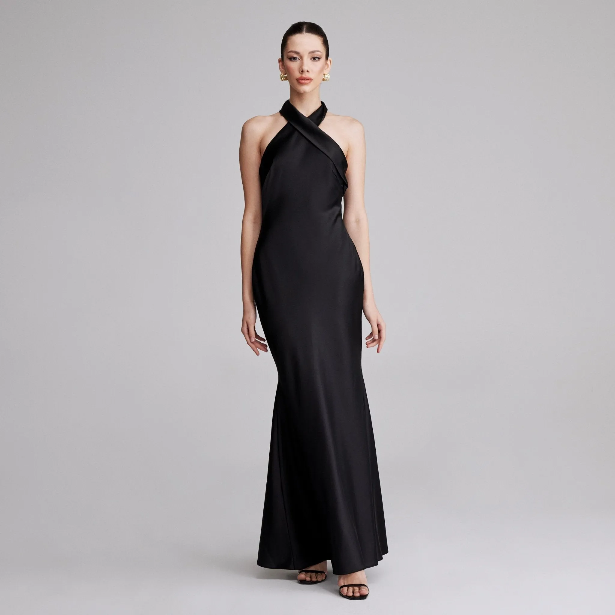 Black Criss Cross Halter Satin Maxi Dress