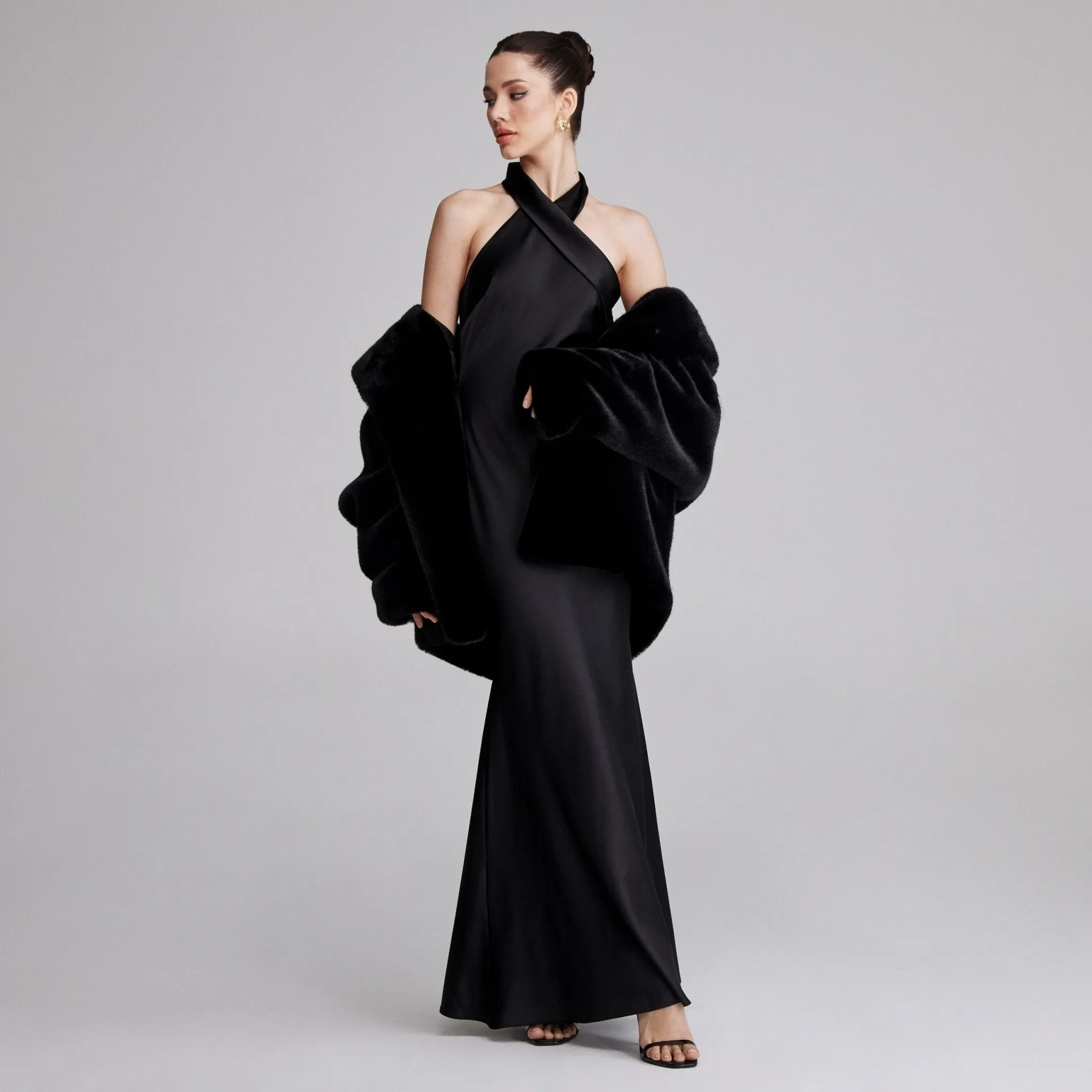 Black Criss Cross Halter Satin Maxi Dress