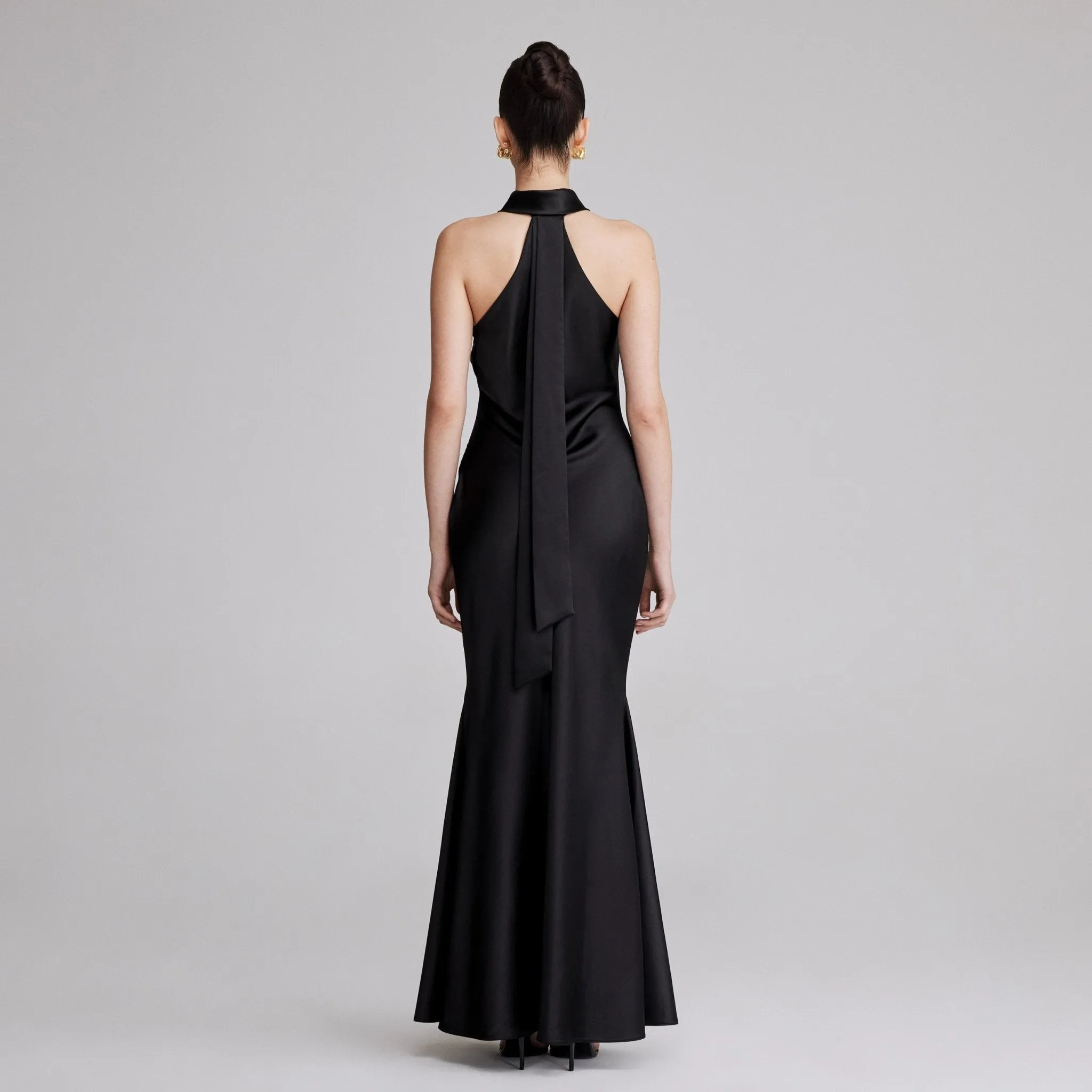 Black Criss Cross Halter Satin Maxi Dress