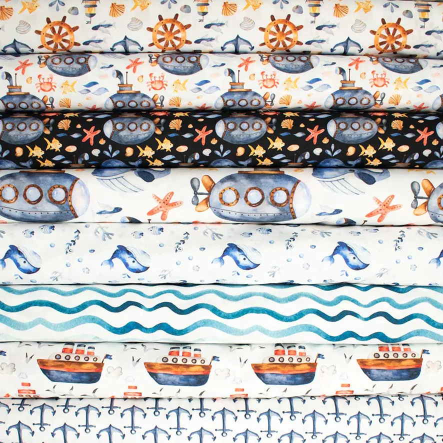 Blue Sea Collection #03 Small Submarine & Sea Life on White Cotton Prints