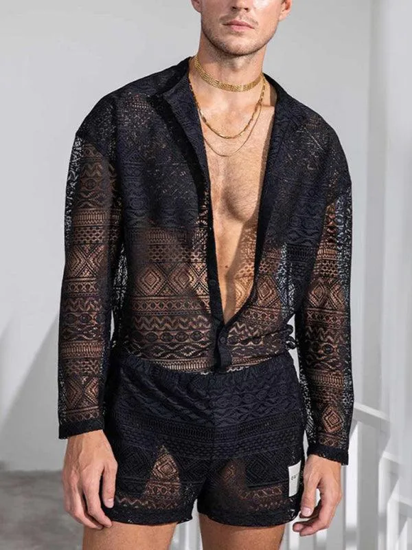 Chic Men's Casual Ensemble: Trendy Long Sleeve Shirts & Fashion-Forward Shorts for Effortless Style