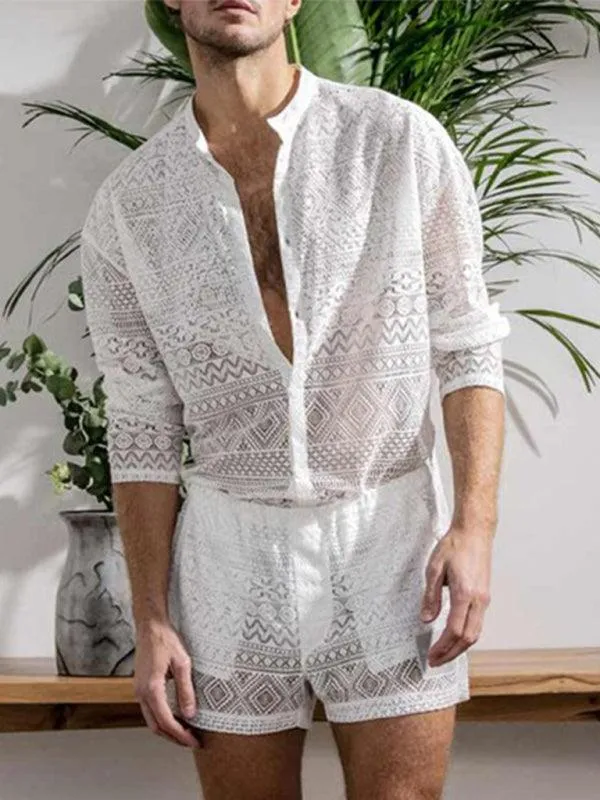 Chic Men's Casual Ensemble: Trendy Long Sleeve Shirts & Fashion-Forward Shorts for Effortless Style