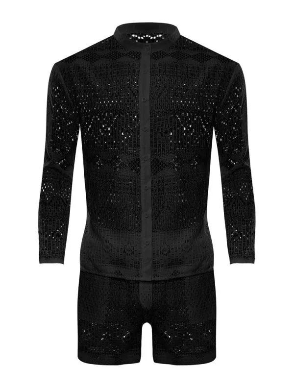 Chic Men's Casual Ensemble: Trendy Long Sleeve Shirts & Fashion-Forward Shorts for Effortless Style