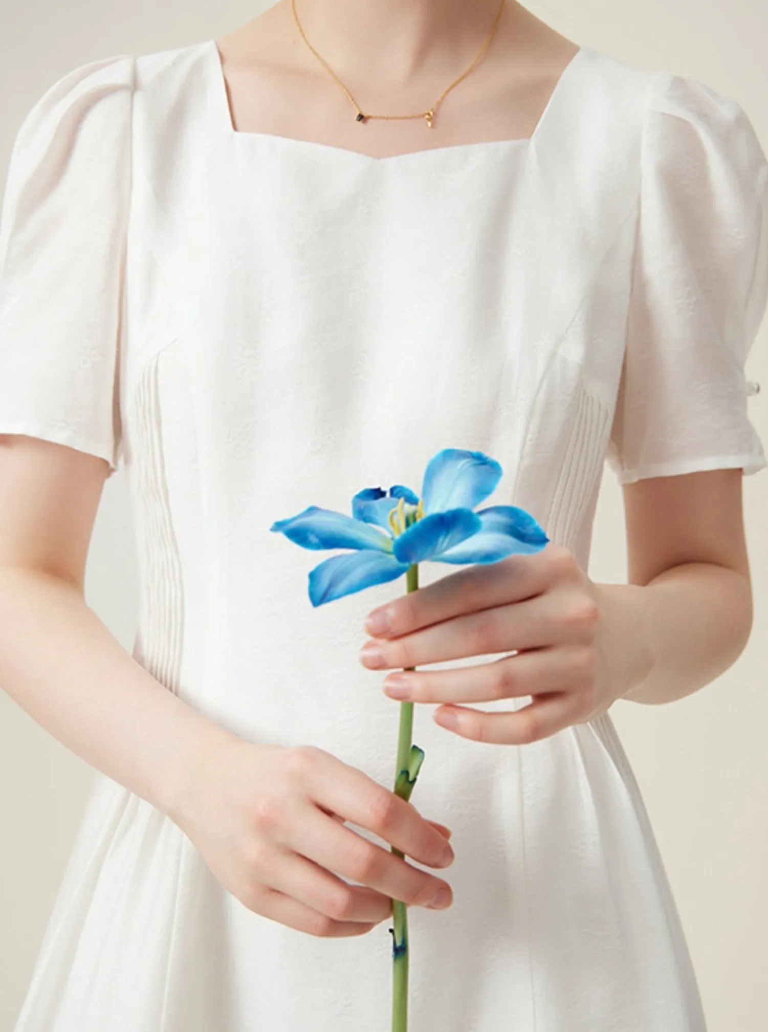 Classic White Midi Dress with Puff Sleeves