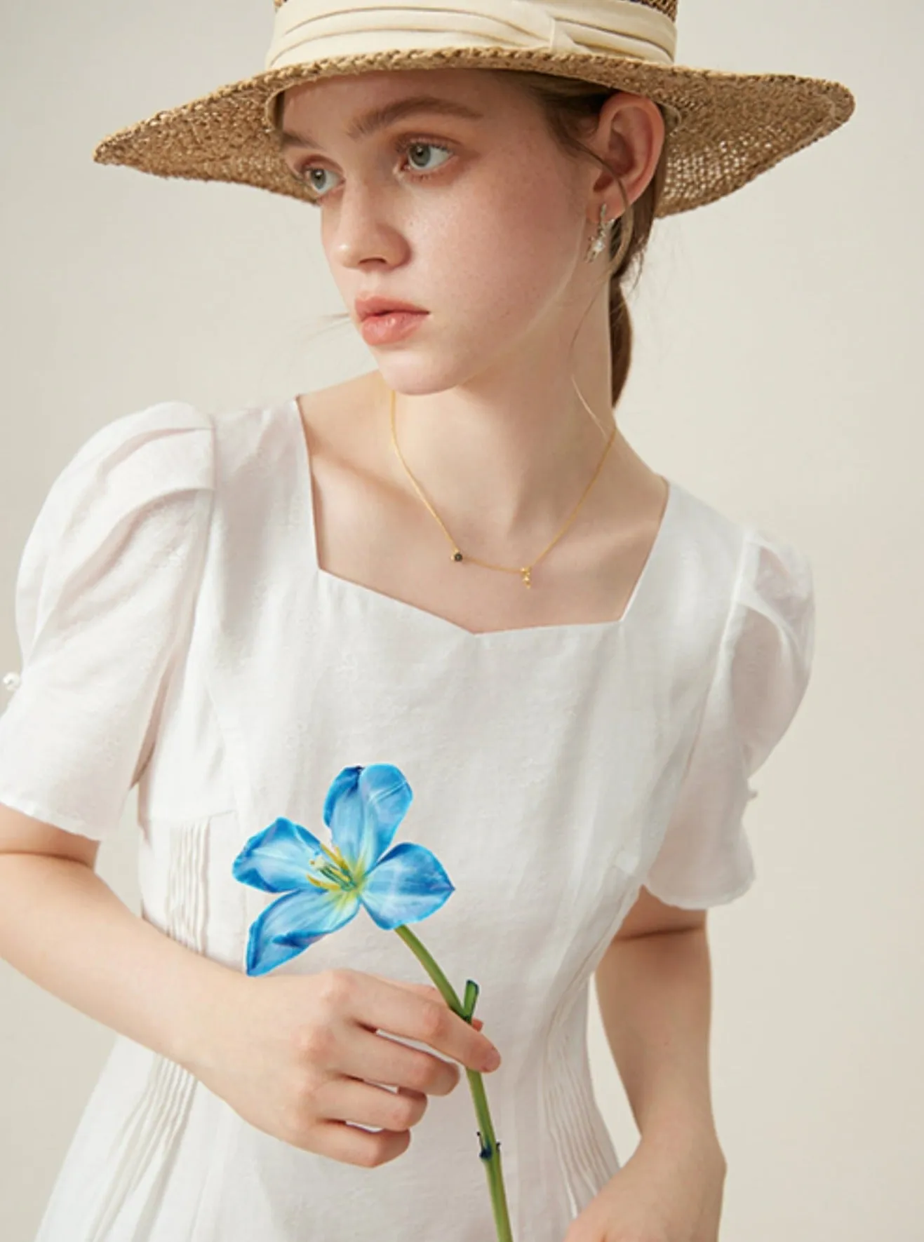 Classic White Midi Dress with Puff Sleeves