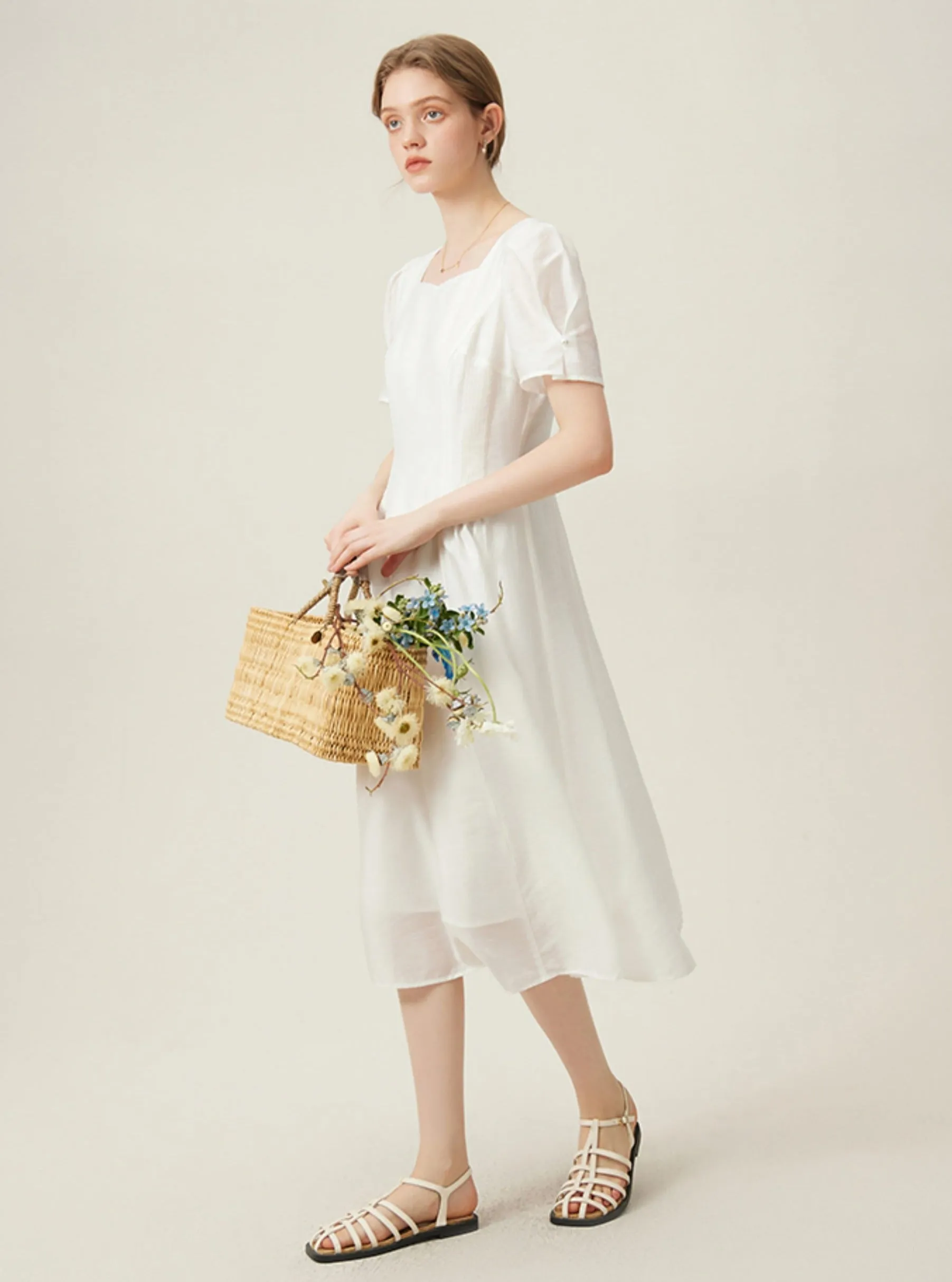 Classic White Midi Dress with Puff Sleeves