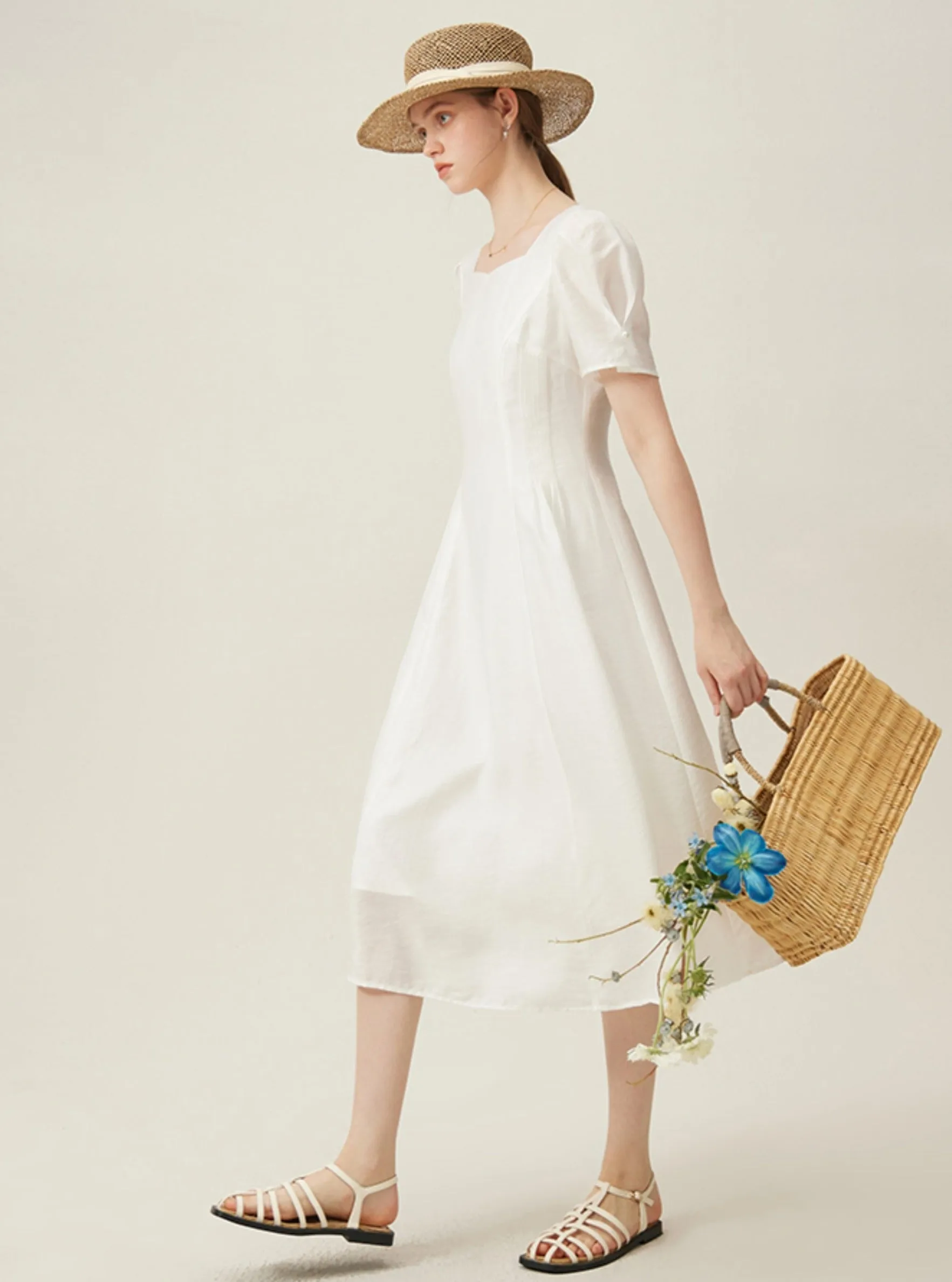 Classic White Midi Dress with Puff Sleeves