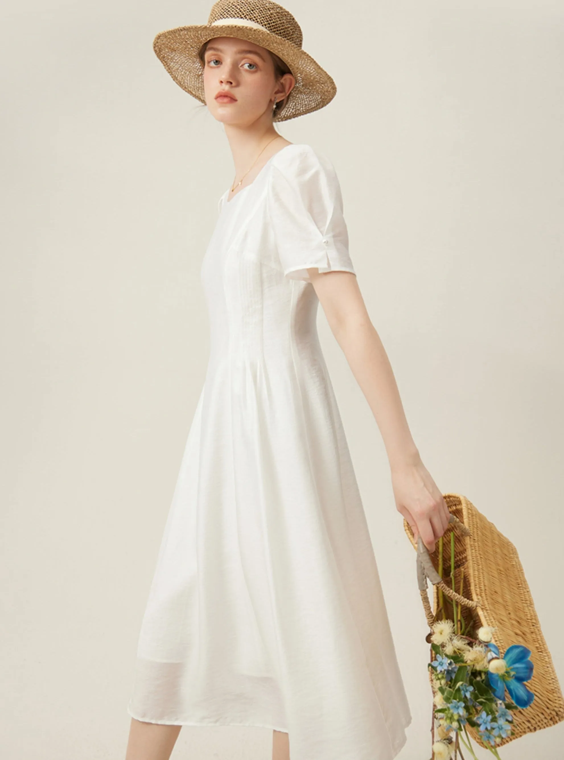 Classic White Midi Dress with Puff Sleeves