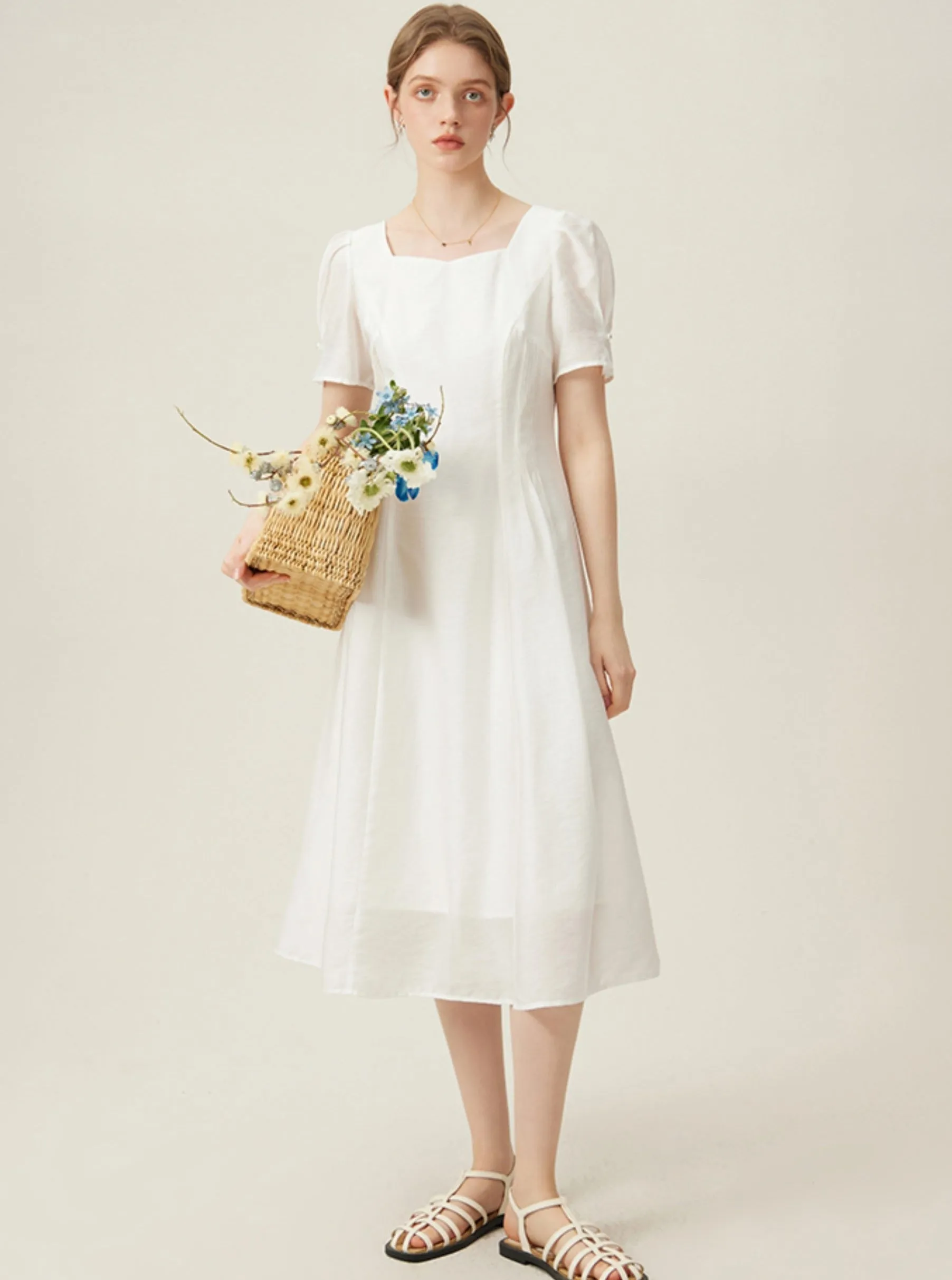 Classic White Midi Dress with Puff Sleeves