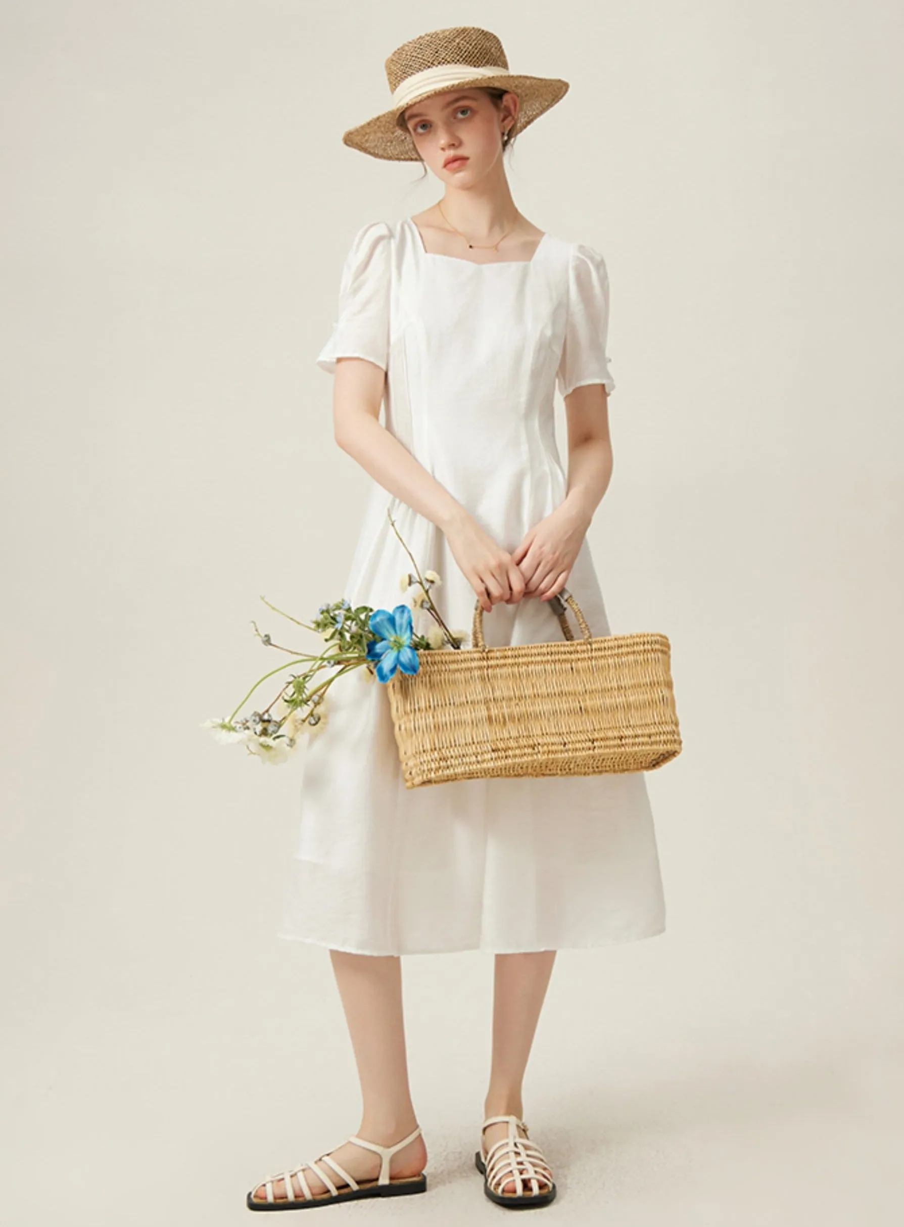 Classic White Midi Dress with Puff Sleeves