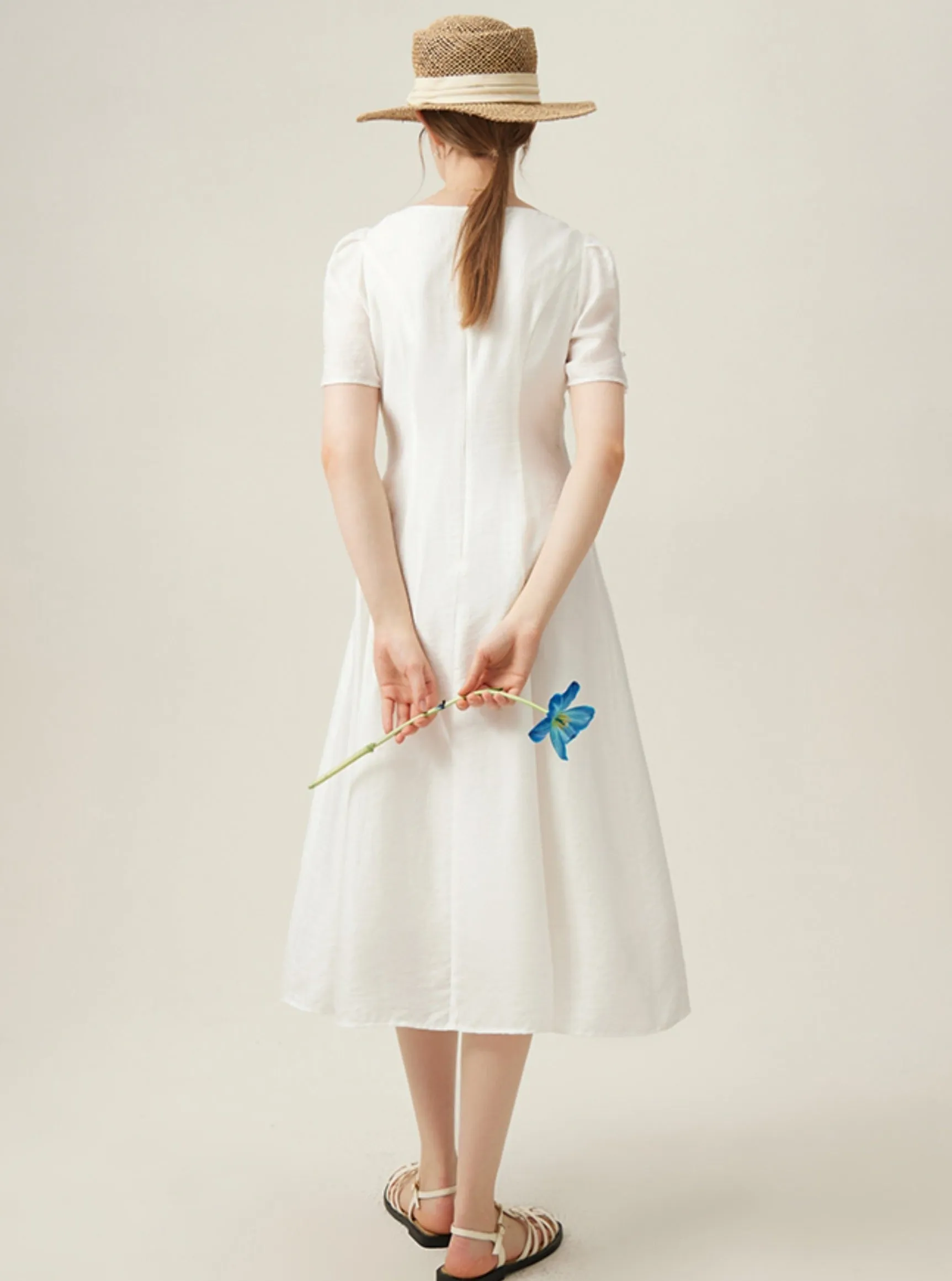 Classic White Midi Dress with Puff Sleeves