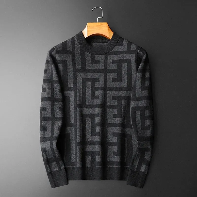 Dark Color Geometric Knitted Sweater