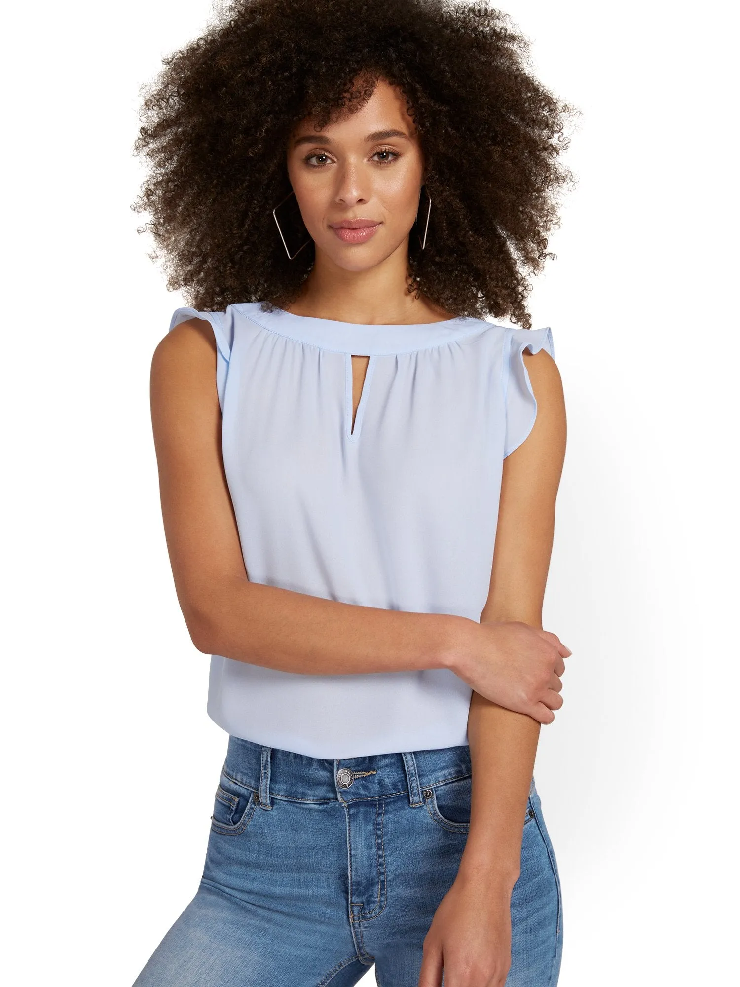 Flutter-Sleeve Keyhole Bow Blouse