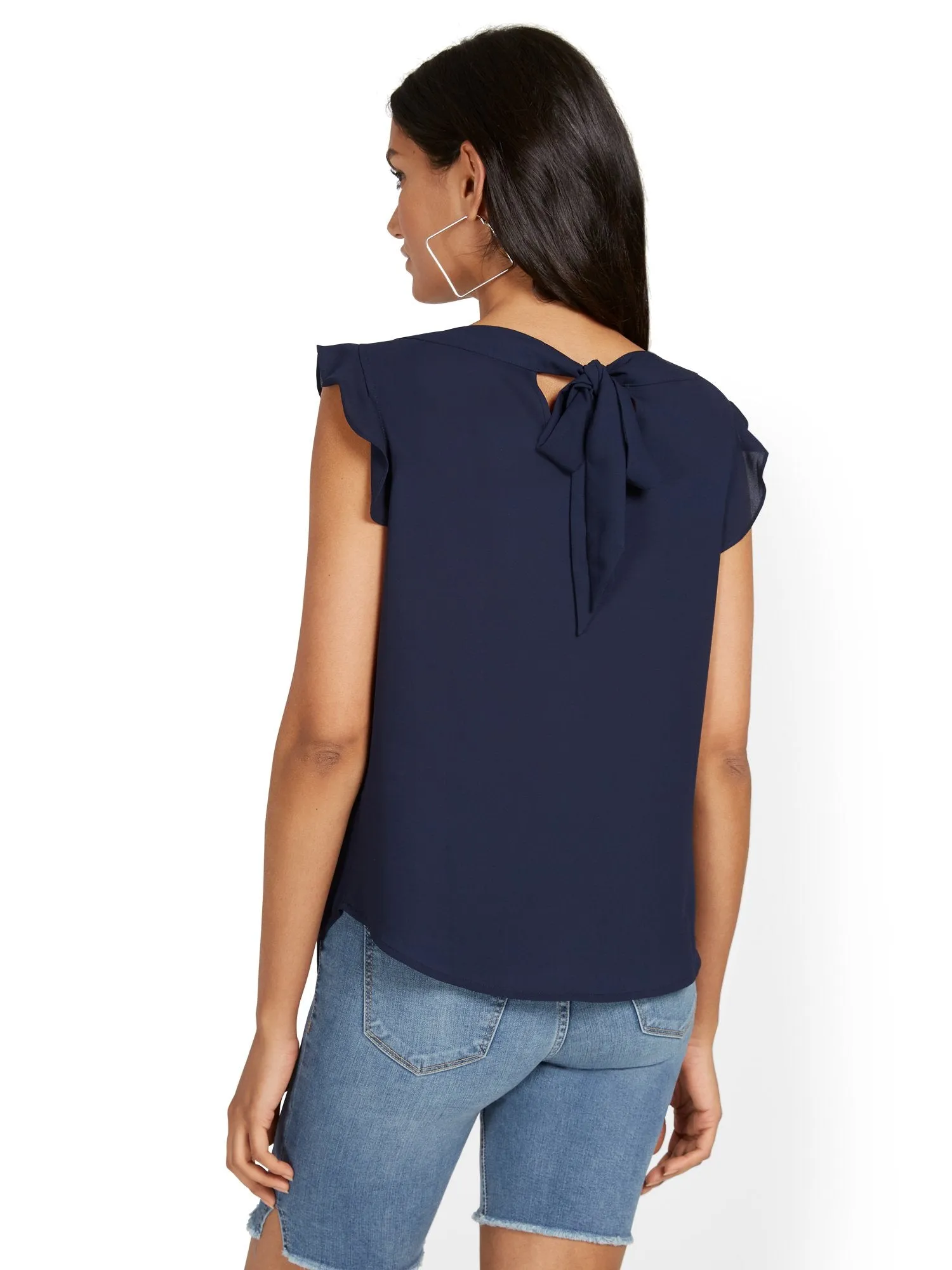 Flutter-Sleeve Keyhole Bow Blouse