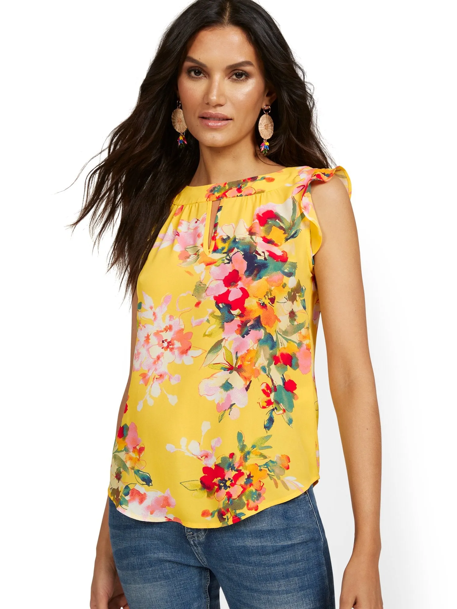 Flutter-Sleeve Keyhole Bow Blouse