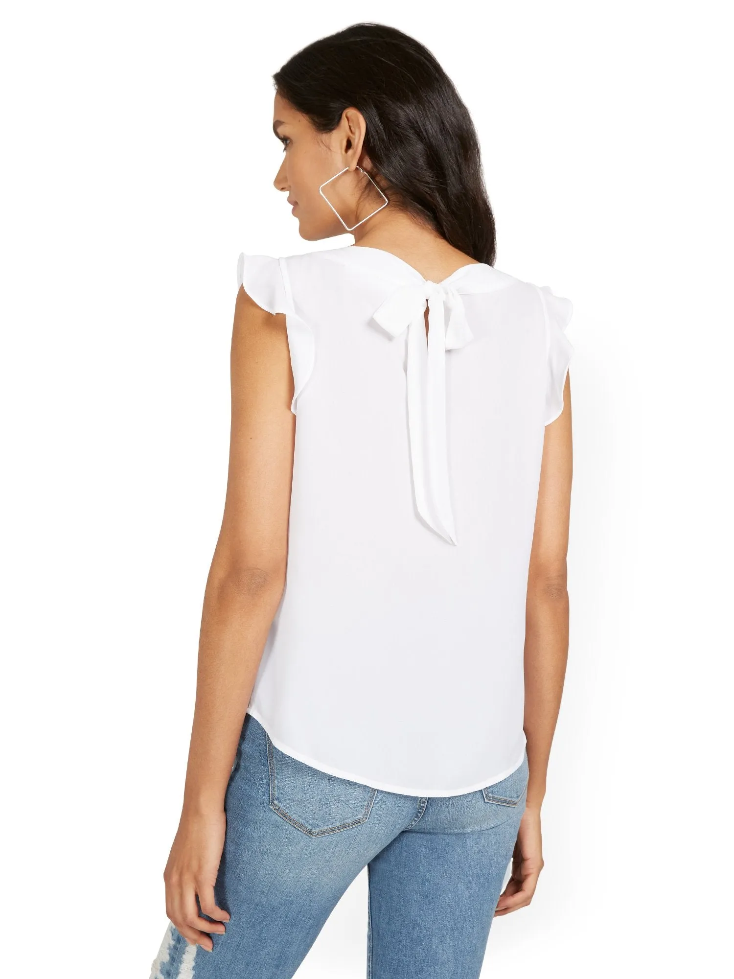 Flutter-Sleeve Keyhole Bow Blouse