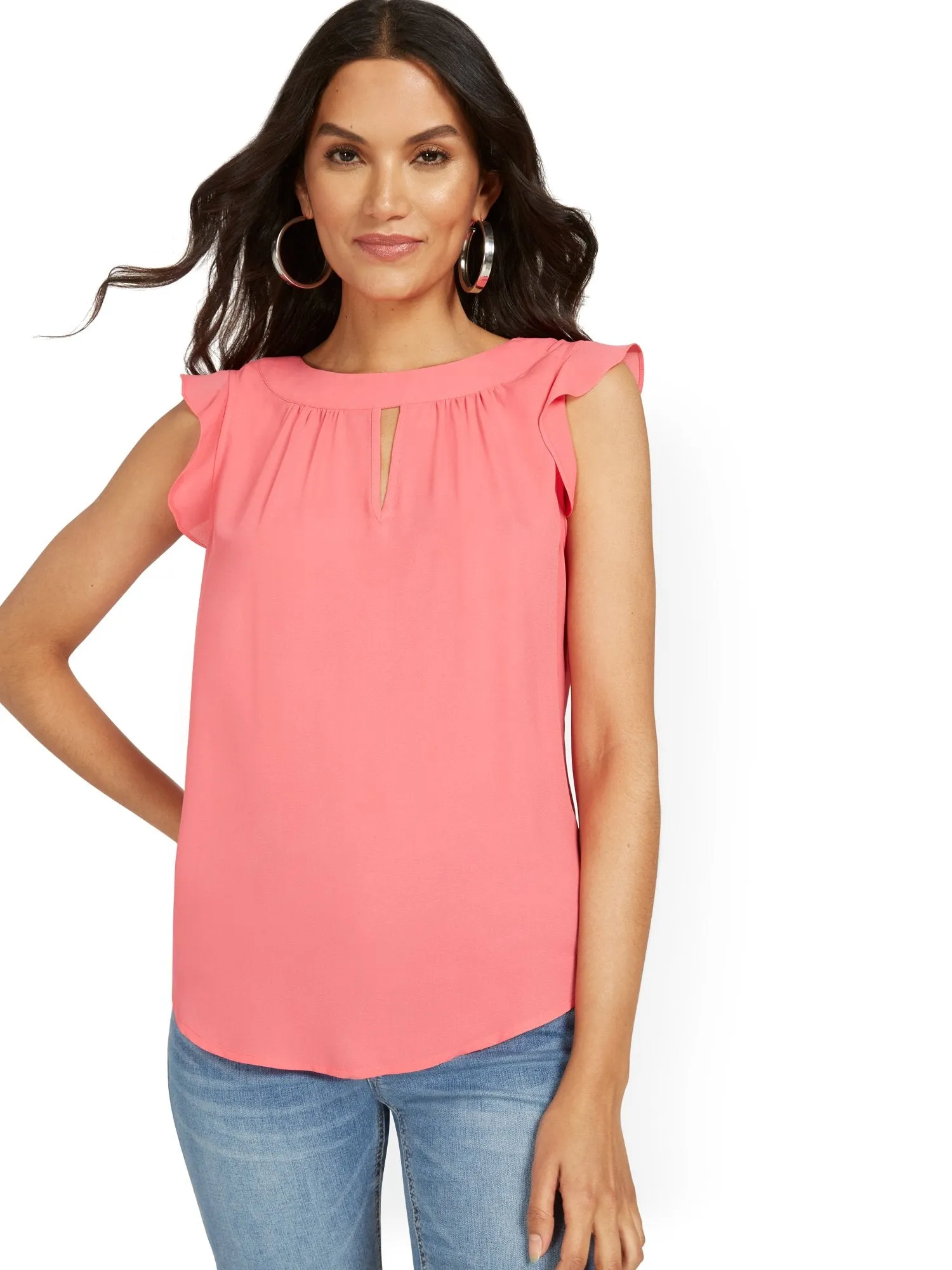 Flutter-Sleeve Keyhole Bow Blouse