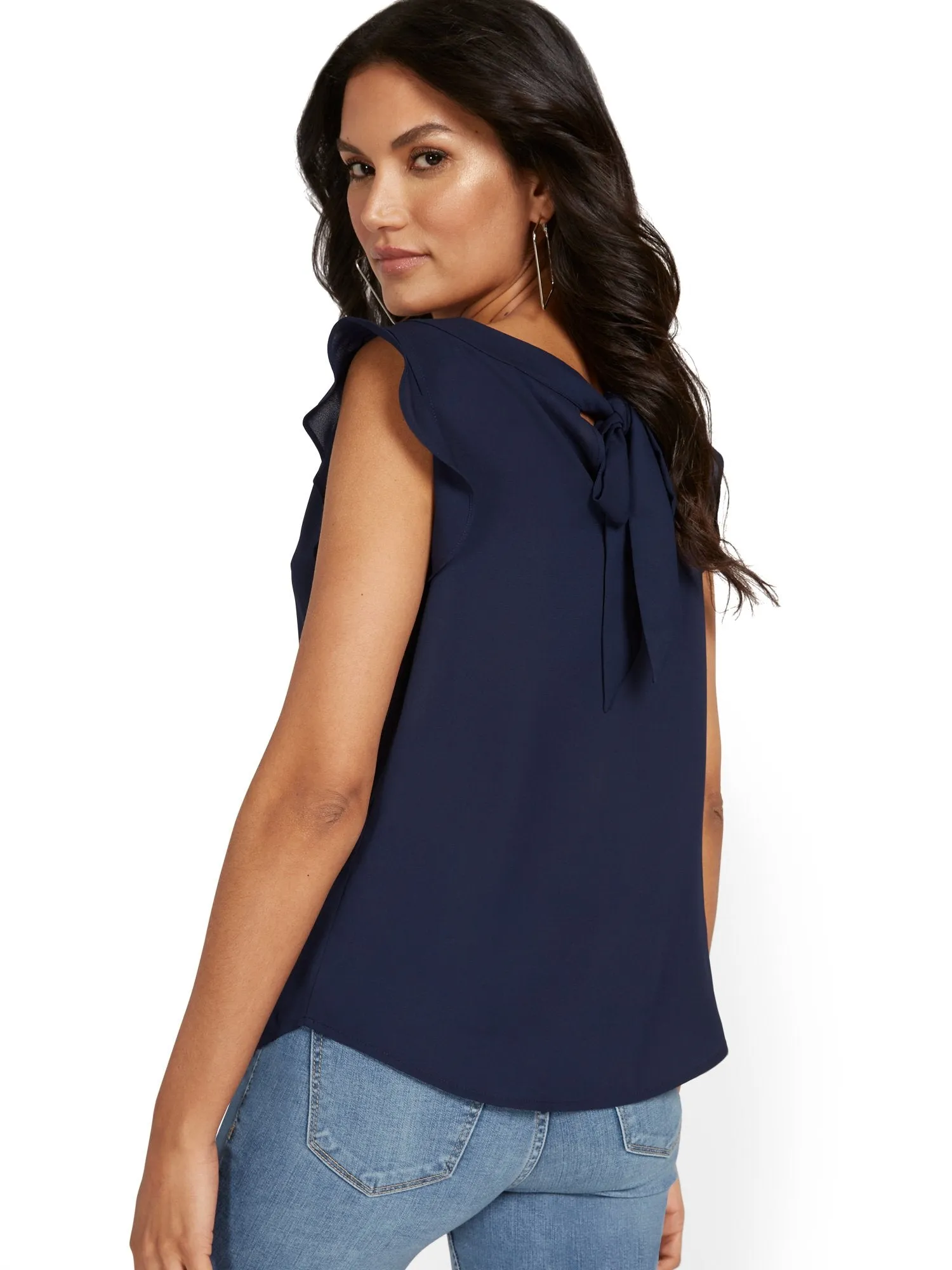 Flutter-Sleeve Keyhole Bow Blouse