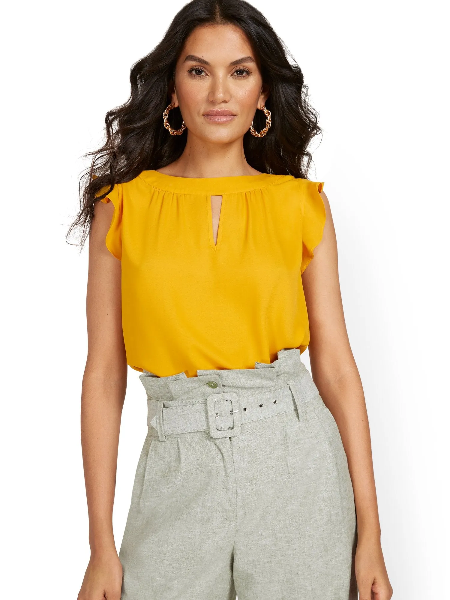 Flutter-Sleeve Keyhole Bow Blouse