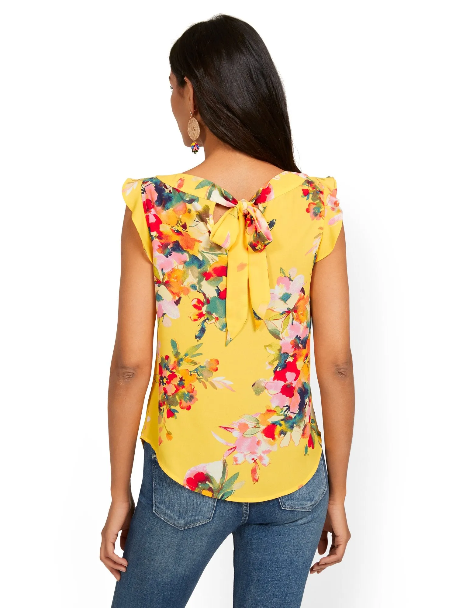 Flutter-Sleeve Keyhole Bow Blouse
