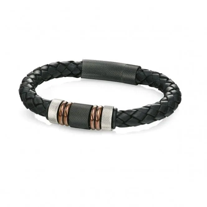 Fred Bennett Stainless Steel Black Leather Woven Bracelet B4377