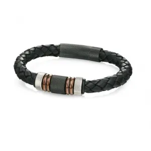 Fred Bennett Stainless Steel Black Leather Woven Bracelet B4377