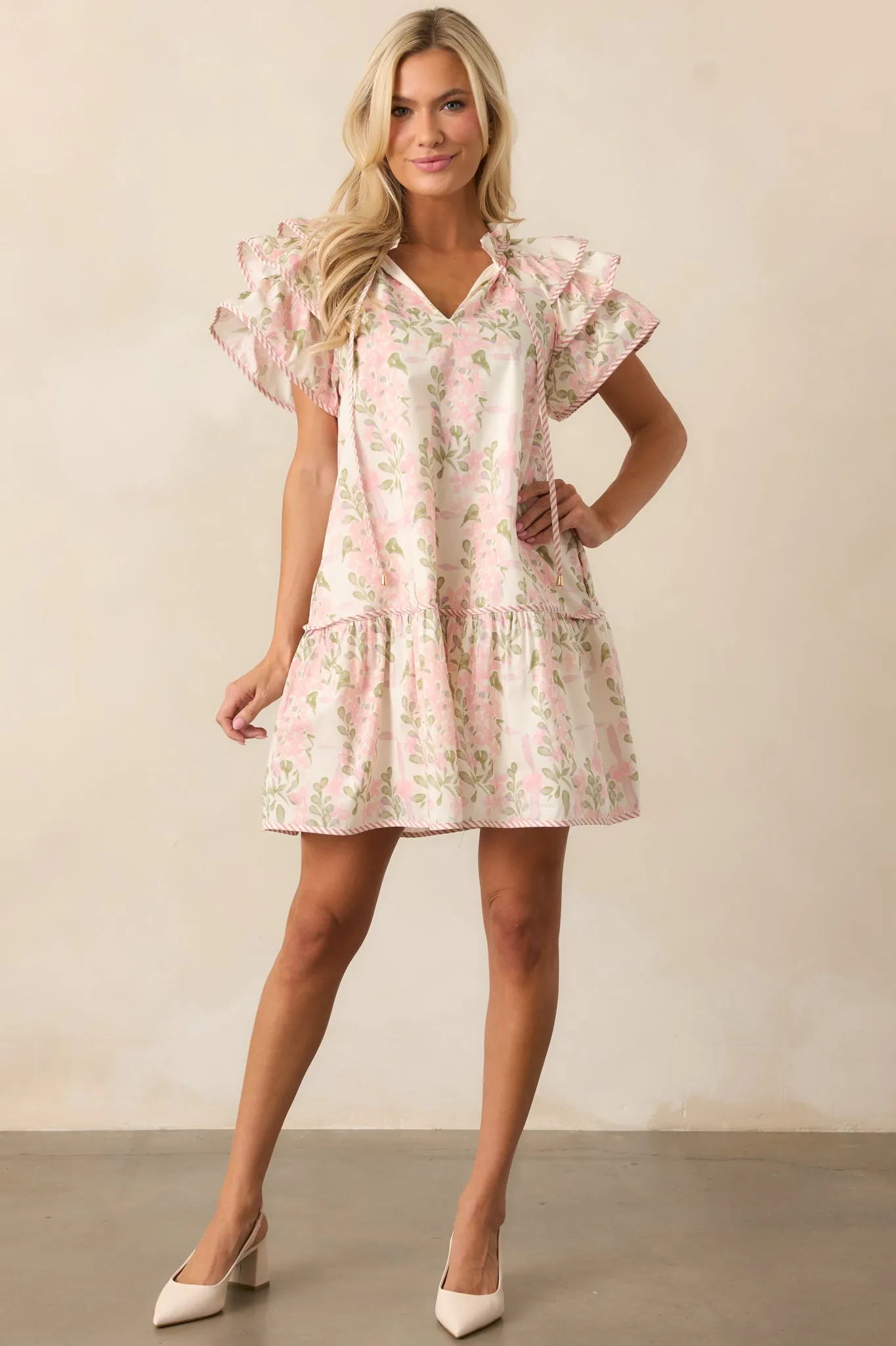 Garden Of Dreams Cotton Pink Flutter Sleeve Mini Dress