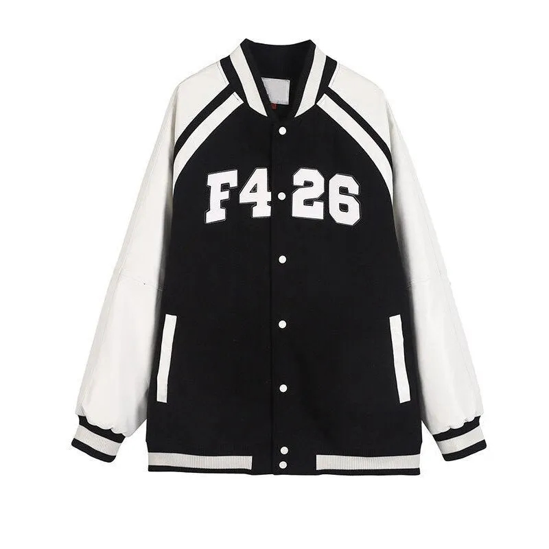 Joskaa Christmas Gift Women Vintage Varsity Baseball Jacket PU Leather Couple Splice Large Letter Patch Jacket Harajuku Causal Oversized Streetwear
