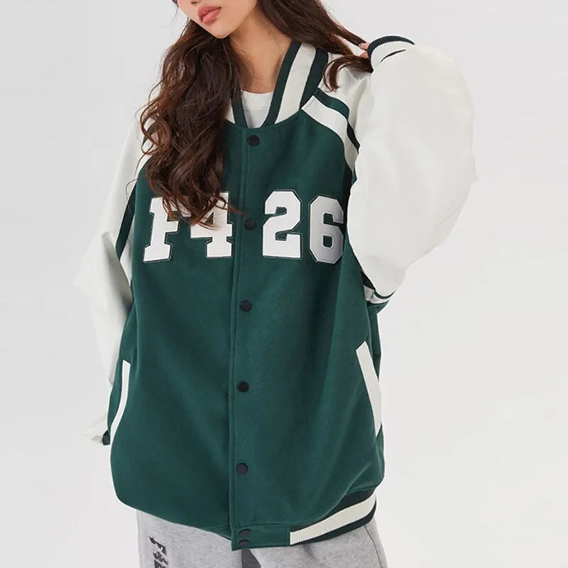 Joskaa Christmas Gift Women Vintage Varsity Baseball Jacket PU Leather Couple Splice Large Letter Patch Jacket Harajuku Causal Oversized Streetwear