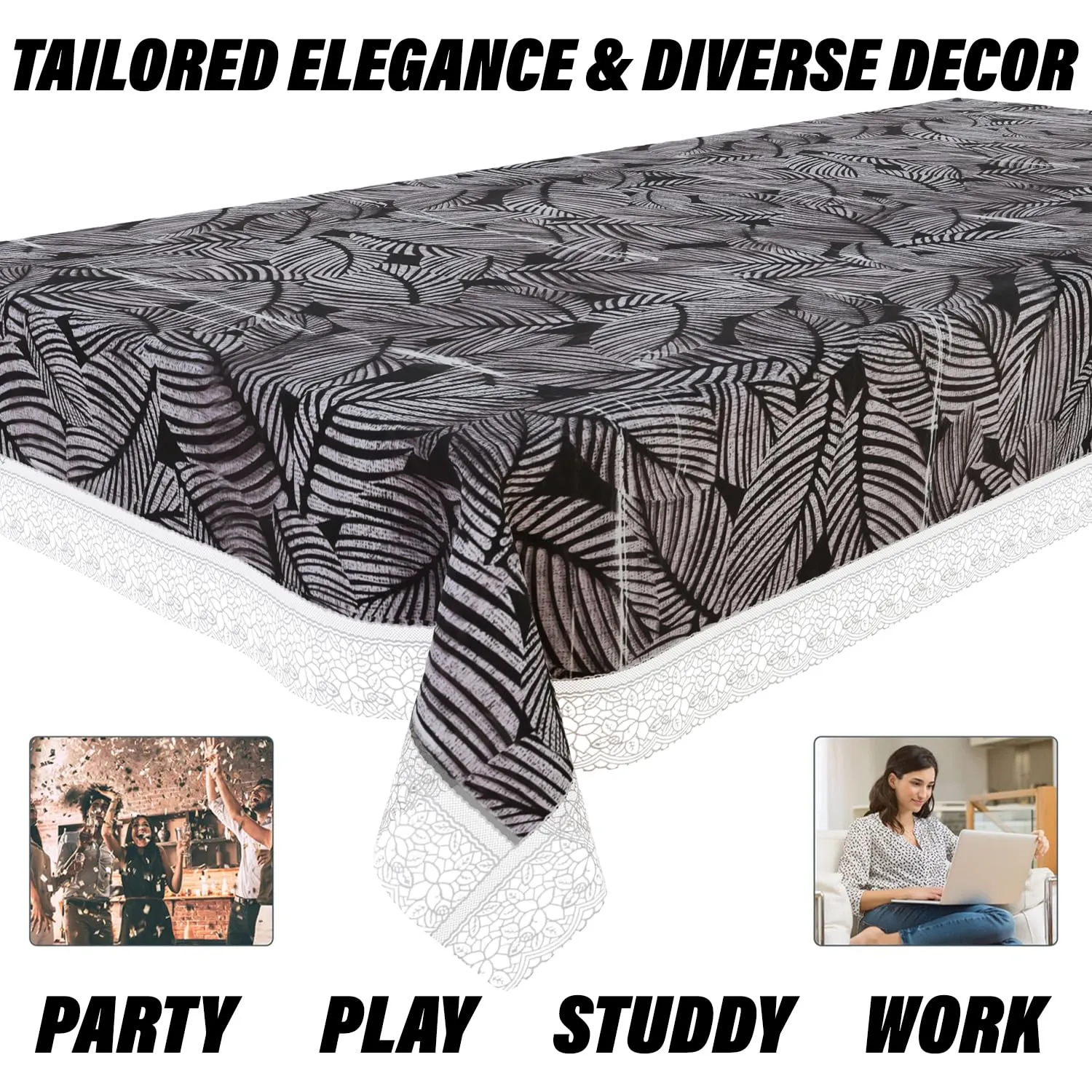 Kuber Industries Table Cover | PVC Dining Table Cover | Table Cloth | Center Table Cover | Table Cover for Kitchen Table | Transparent Leaf Table Cover for Hall Décor | 48x60 Inch | Black
