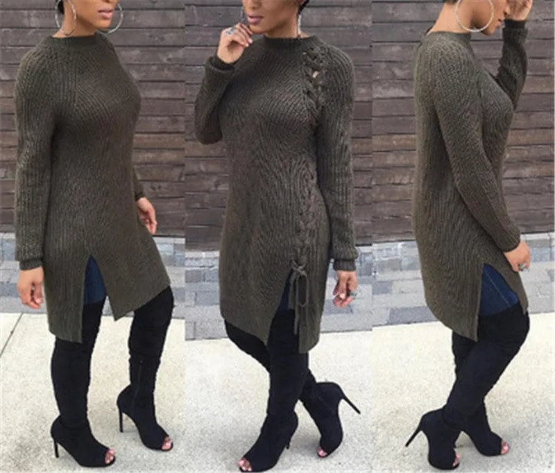 Long Sweater Dress Long Sleeve Round Neck Autumn Winter Warm