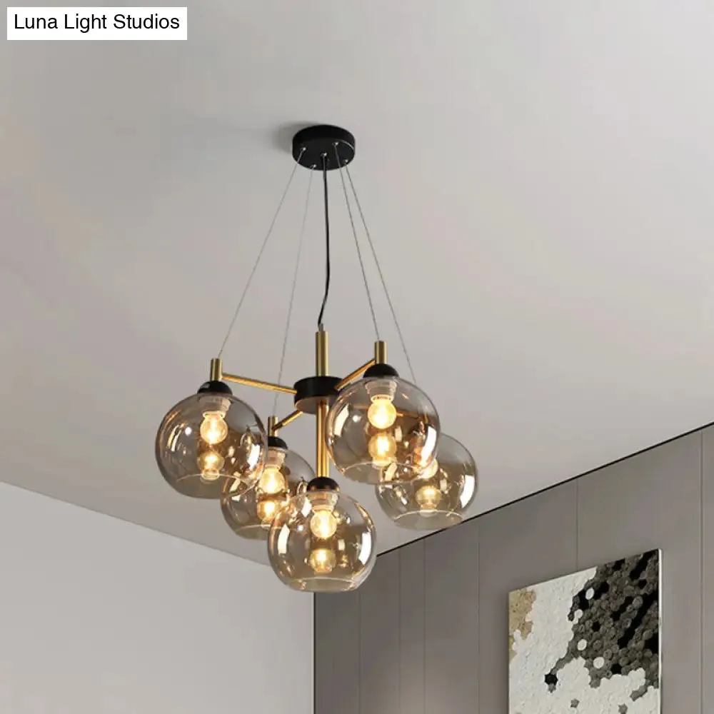 Modern Amber/Smoke Grey Glass Chandelier with Black Finish - 5 Head Pendant Lighting Fixture