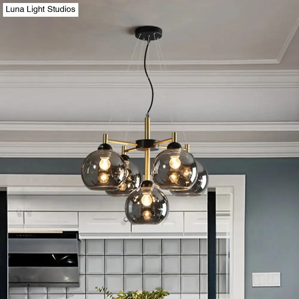 Modern Amber/Smoke Grey Glass Chandelier with Black Finish - 5 Head Pendant Lighting Fixture
