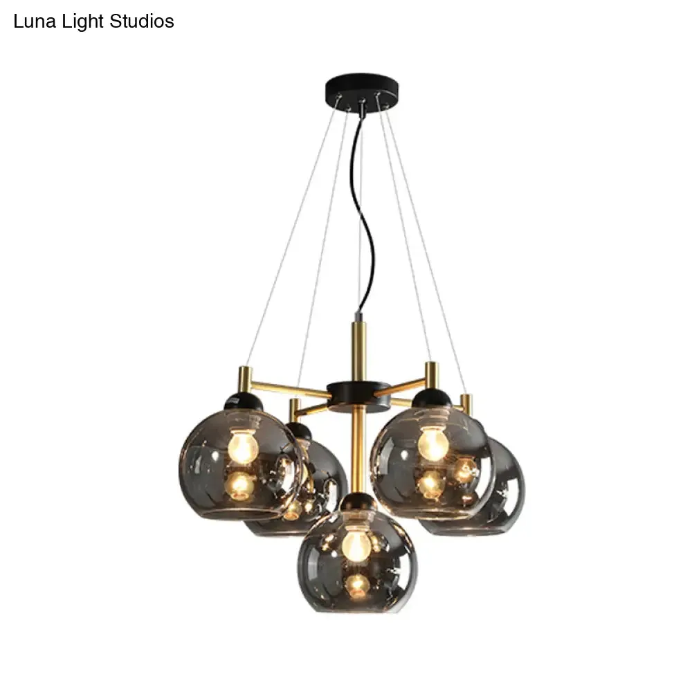 Modern Amber/Smoke Grey Glass Chandelier with Black Finish - 5 Head Pendant Lighting Fixture