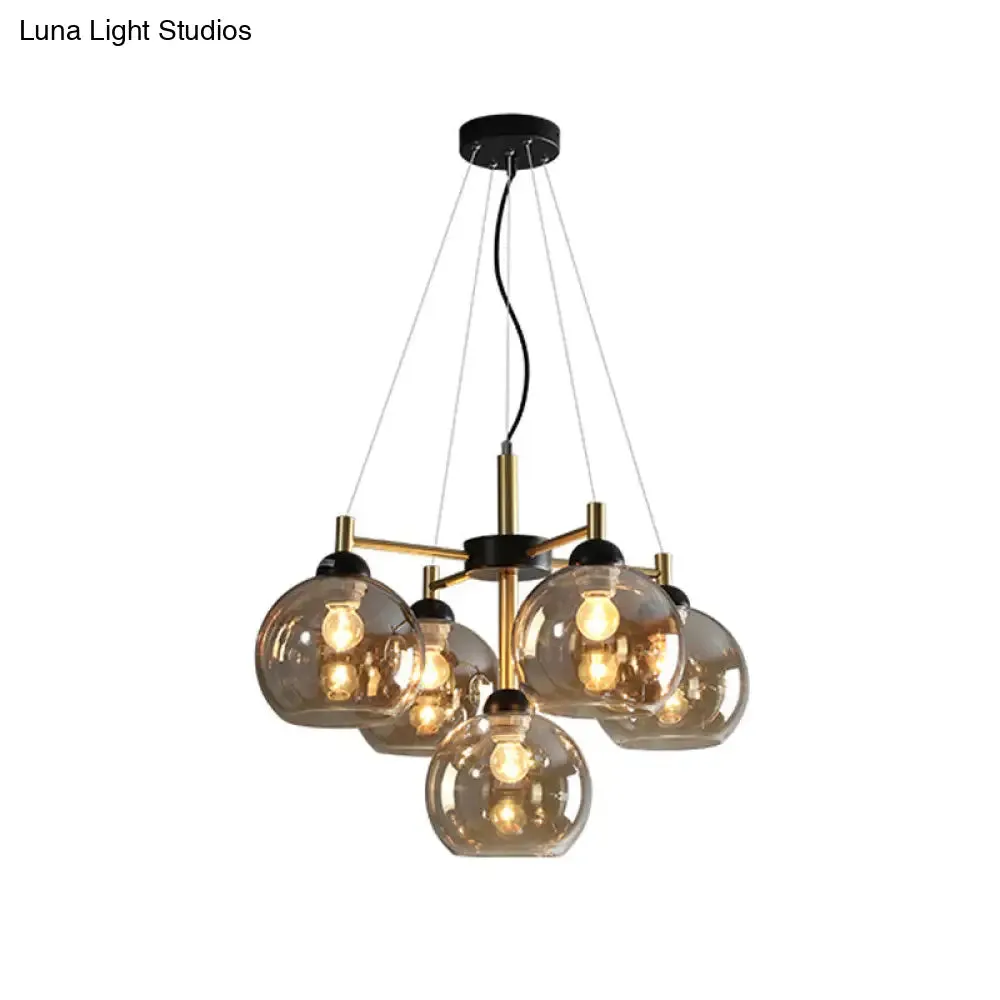 Modern Amber/Smoke Grey Glass Chandelier with Black Finish - 5 Head Pendant Lighting Fixture