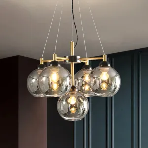 Modern Amber/Smoke Grey Glass Chandelier with Black Finish - 5 Head Pendant Lighting Fixture