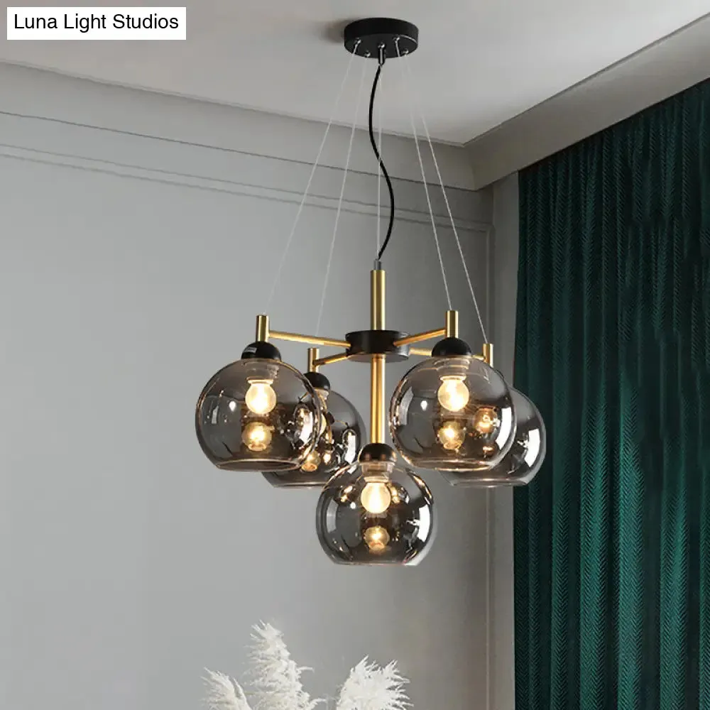 Modern Amber/Smoke Grey Glass Chandelier with Black Finish - 5 Head Pendant Lighting Fixture
