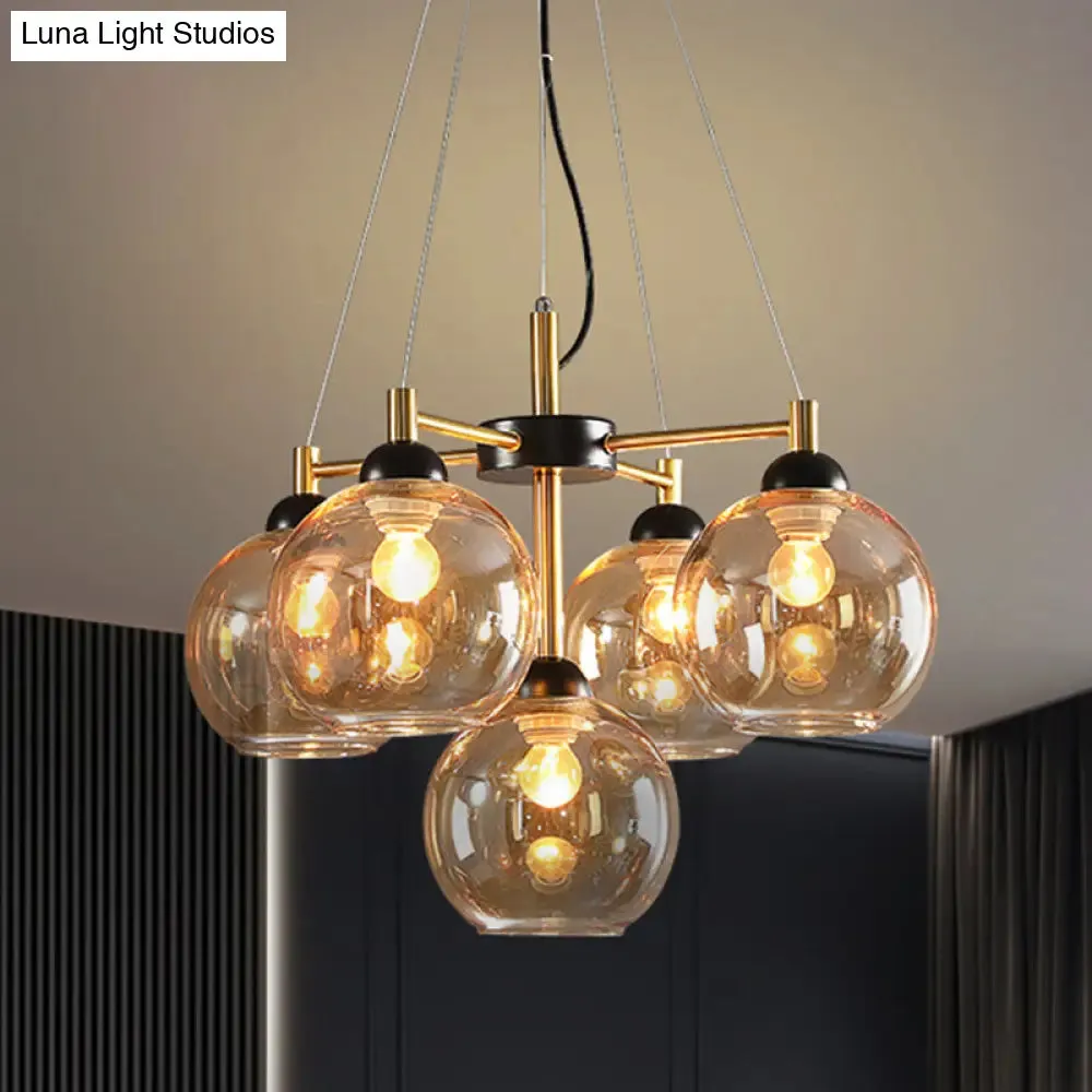 Modern Amber/Smoke Grey Glass Chandelier with Black Finish - 5 Head Pendant Lighting Fixture
