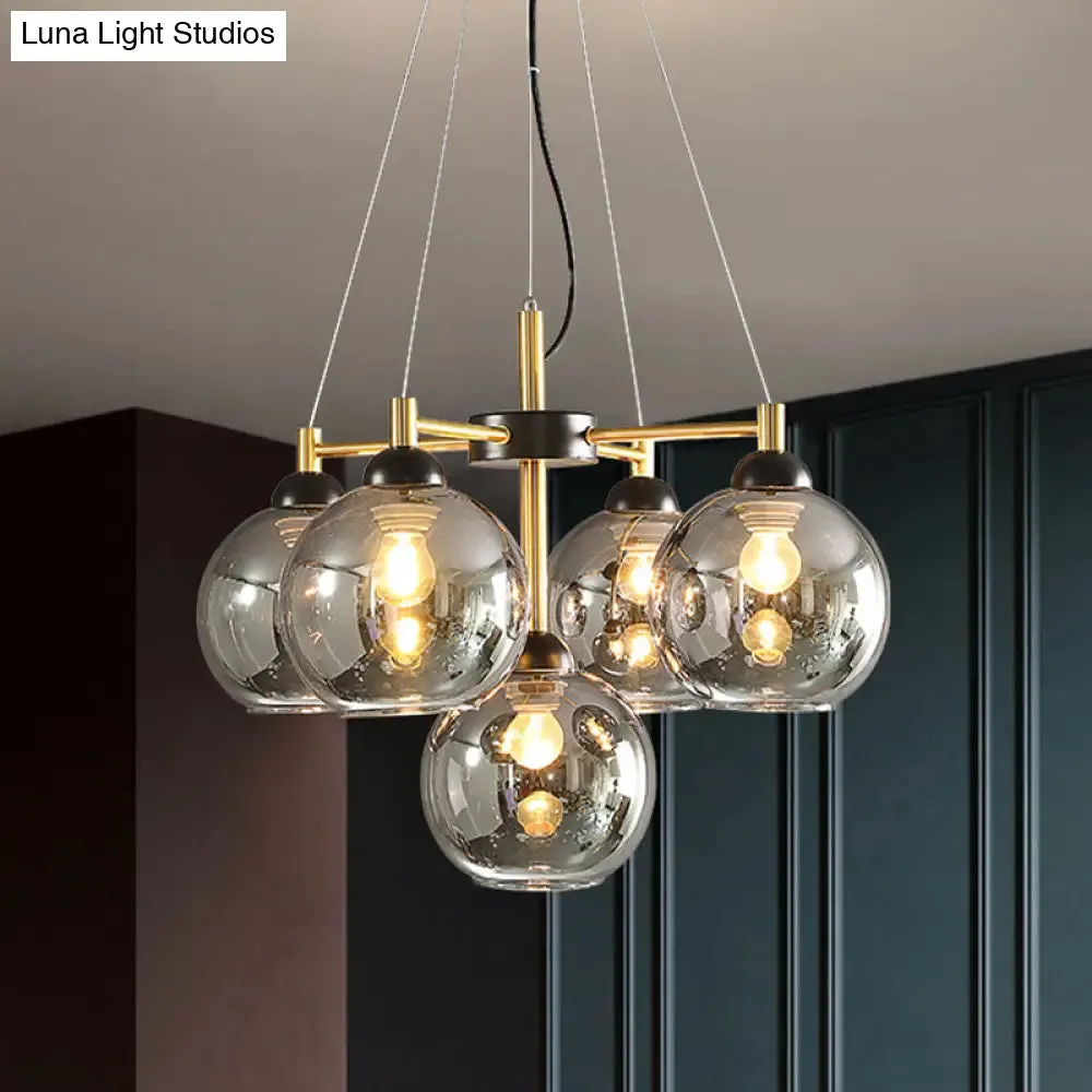 Modern Amber/Smoke Grey Glass Chandelier with Black Finish - 5 Head Pendant Lighting Fixture