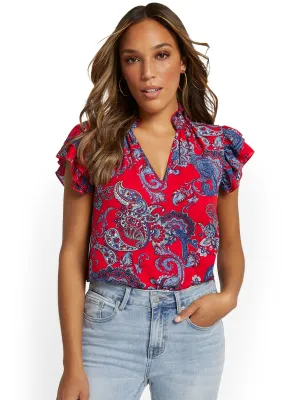 Paisley Flounce-Sleeve Top