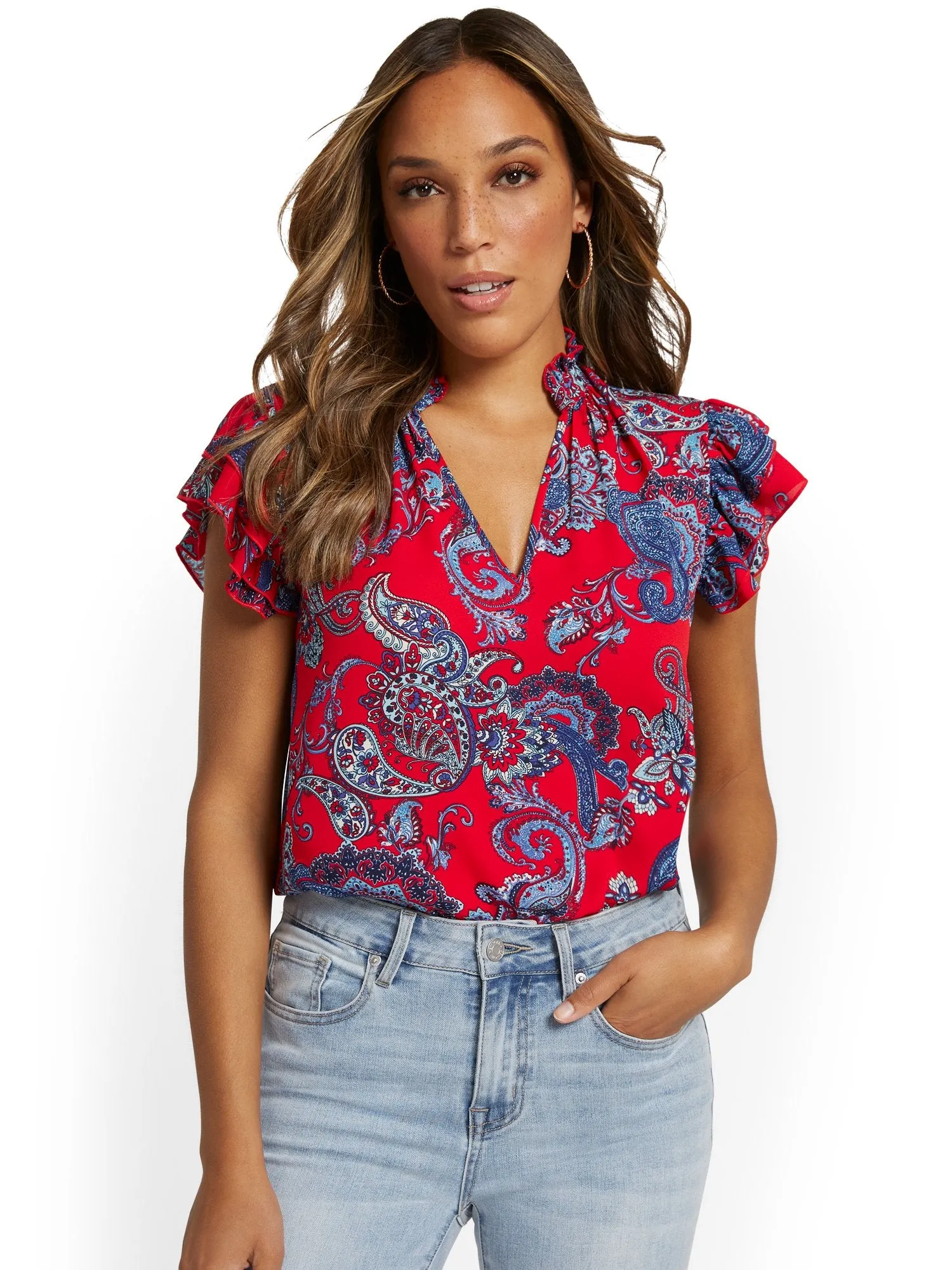 Paisley Flounce-Sleeve Top