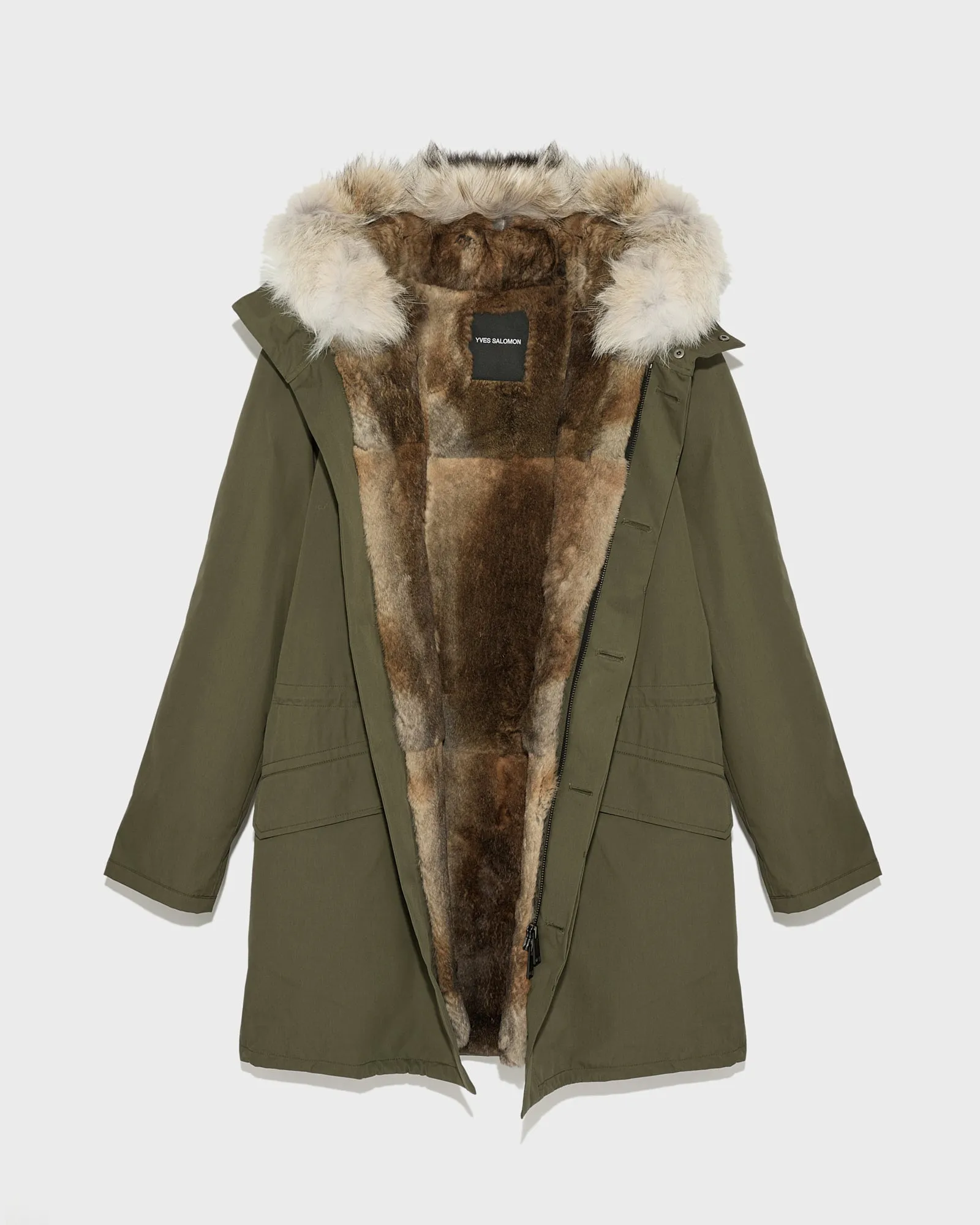 Parka iconique longue en coton technique avec fourrure de coyote et lapin