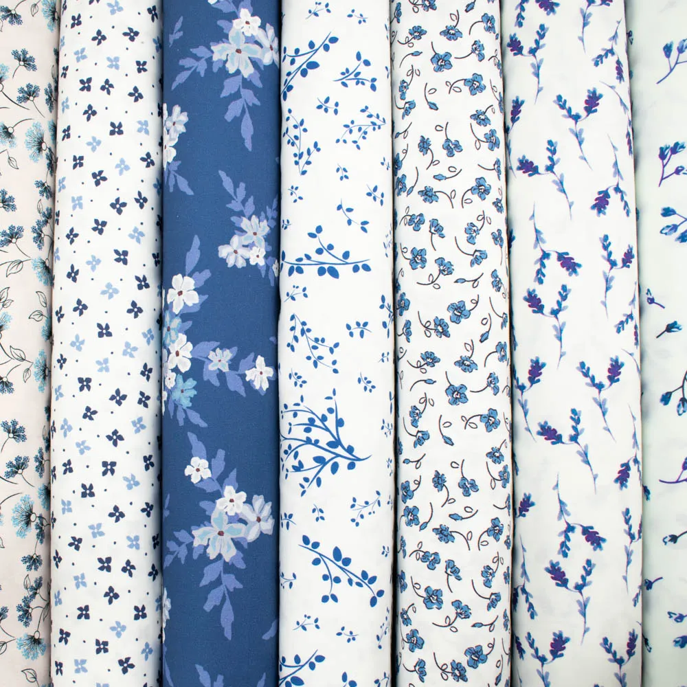 Petite Studio Blue Collection #08 Blue & Purple Small Leaves on White Cotton Prints